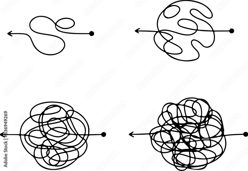 Poster icon set of chaos complex process. chaotic line arrow lines hand drawn complex route curved scrawl p