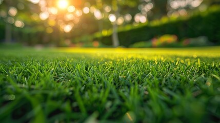 Naklejka premium Close-up of a manicured lawn with perfect grass, showcasing the vibrant green color and smooth texture.