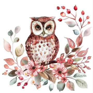 Hand-painted Watercolor Botanical Illustration of Winter Owl on Tree Branch with Cotton Flowers and Berries