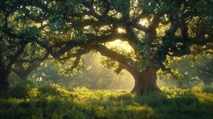 Fototapeta premium Tall, majestic oak trees standing in a lush green forest, their branches reaching up towards the sky, with sunlight filtering through the leaves.