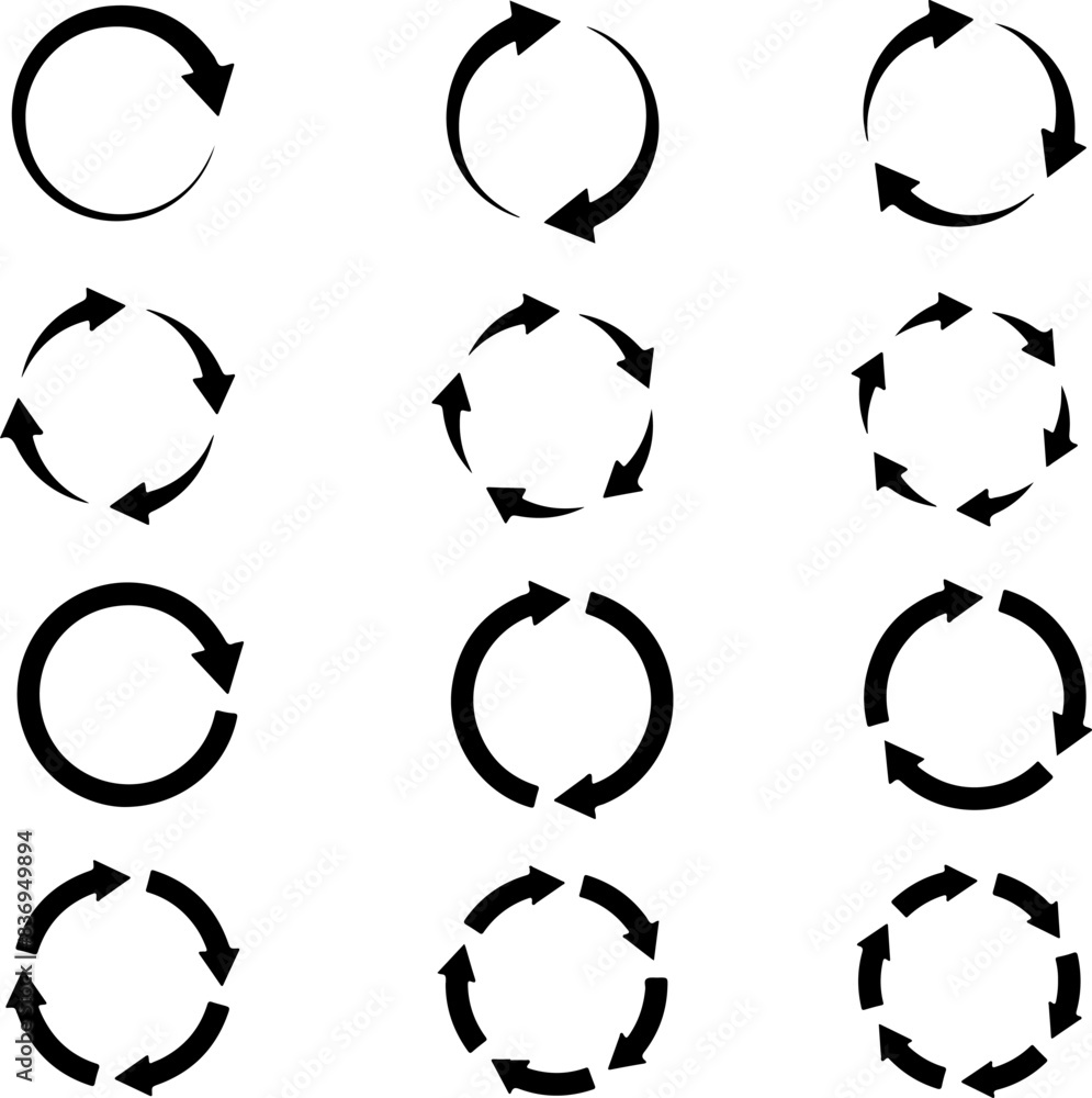 Poster icon set of spinning rotating arrows. circular round icons for recycling recycled product ecology ec