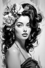 Vintage 1950s Portrait Sketch A Beautifully Rendered Illustration Capturing the Essence and Glamour of a Woman from the Golden Era, Showcasing Timeless Elegance and Classic Style Wallpaper Digital Art