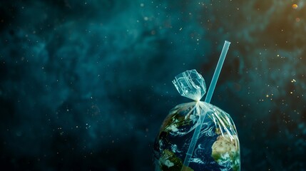 A globe wrapped in a plastic bag with a straw sticking out of it, conveying the message "Ban plastic pollution." Creative concept. 