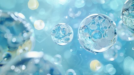 A depiction of molecules encapsulated within a liquid bubble, representing essence ball molecules. The bubbles contain particles, cosmetic essence, against a background of water. 