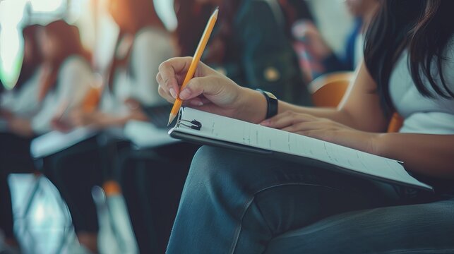 Soft focus image depicting a high school or university student holding a pencil and writing on a paper answer sheet. They are sitting on a lecture chair, taking a final exam