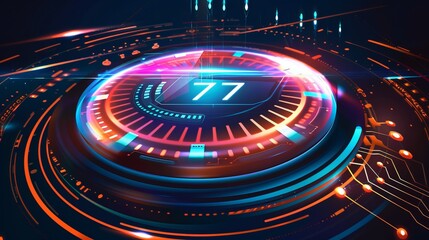 A speedometer design for car auto dashboards, showcasing abstract technology with a download progress bar or round indicator representing web speed. This vector design merges automotive 