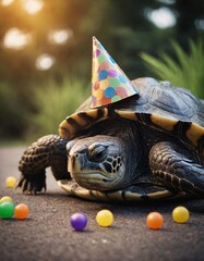 turtle in a party hat, celebration background, outdoors, festive occasion