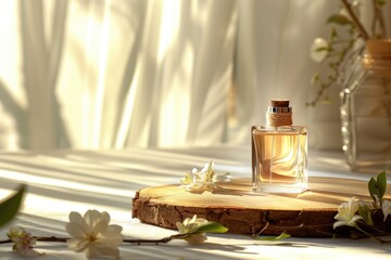 Summer floral woody perfume bottle with flowers and sunlight.
