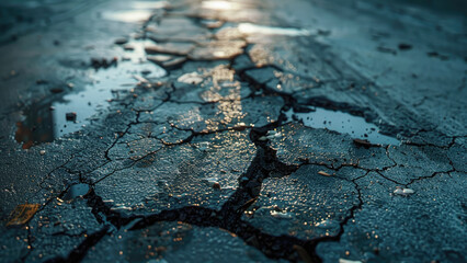 Close-up of a pothole-filled asphalt road with puddles of water, highlighting road damage and poor maintenance.

