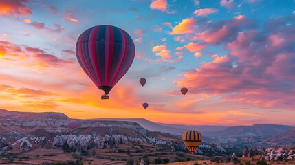 Landscape of fabulous Kapadokya with colorful hot air balloons flying in the sky at sunrise in Anatolia. Enjoy vacations in this beautiful destination in Goreme, Turkey. 