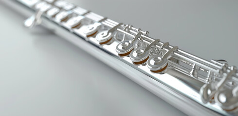 Fototapeta premium Traditional flute with a silver finish, featuring a range of notes and intricate keyword for precise playing. Generative AI.
