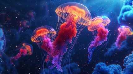 Naklejka premium Glowing jellyfish swim deep in the blue sea. Medusa neon jellyfish fantasy in space cosmos among stars. 3D render 