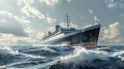Majestic Ocean Liner: Towering above the waves, the grand cruise ship cuts through the ocean waters, its elegant silhouette a symbol of luxury and adventure