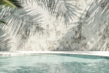 Luxury tropical hotel exterior with pool and palm shadow.