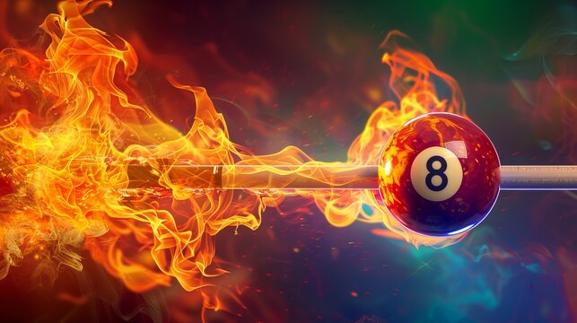 A cue and billiard ball with the number 8 depicted in flames, soaring against a colorful background. This fiery imagery captures the intensity and excitement associated with the game of billiards. 