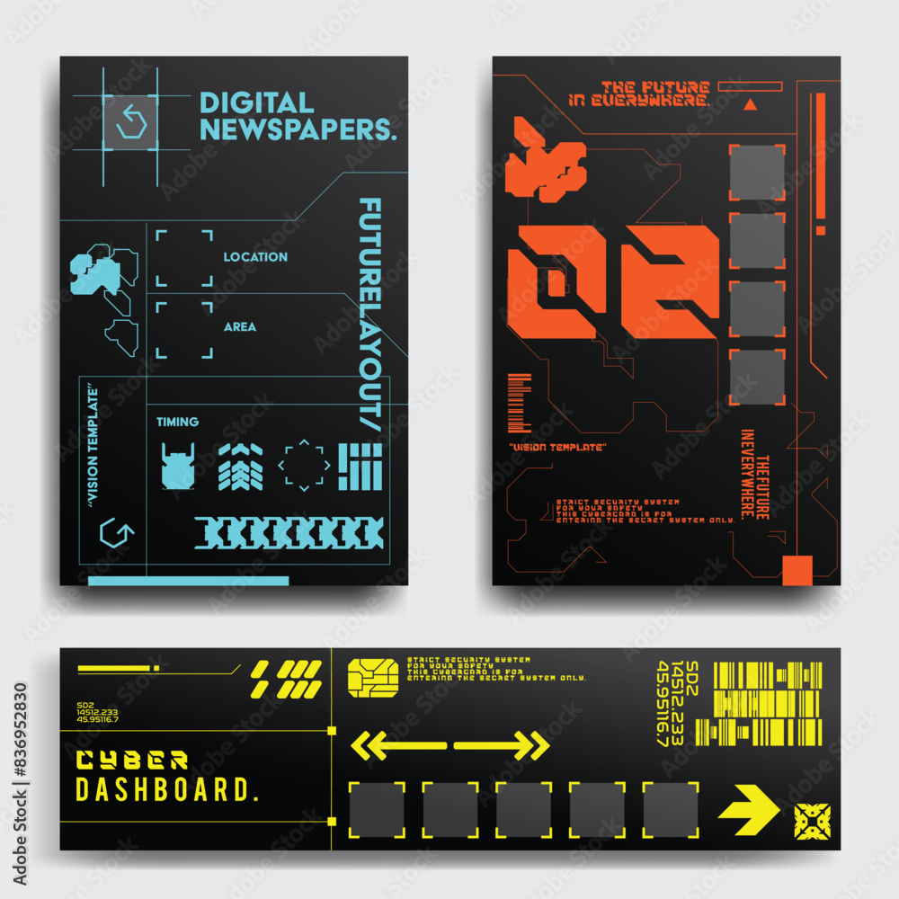 Poster cyberpunk scifi gaming futuristic icon pattern hud ux ui set collection template, 2d illustration re