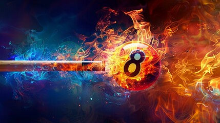 A cue and billiard ball with the number 8 depicted in flames, soaring against a colorful background. This fiery imagery captures the intensity and excitement associated with the game of billiards. 