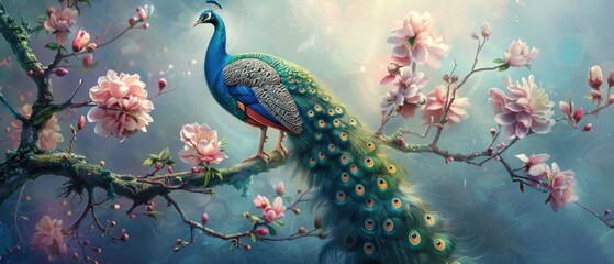 Peacock on branch with colorful flowers background