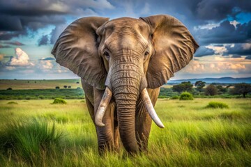 Fototapeta premium A majestic elephant with large white tusks stands in the lush green grass of an African savannah