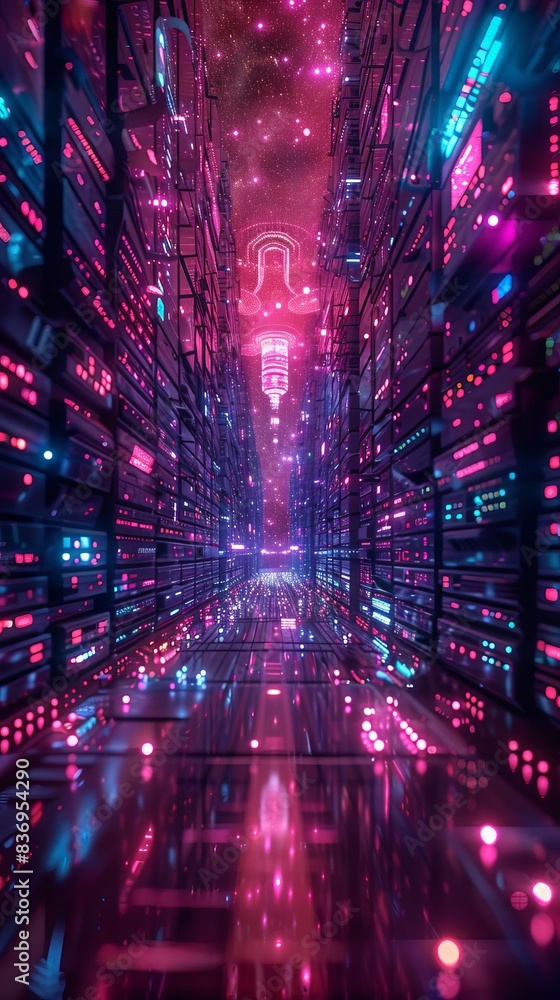Aufkleber futuristic data center with neon lights and endless servers, representing advanced technology and di