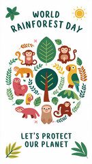 
World Rainforest Day, Illustration, World Rainforest Day story, happy World Rainforest Day, Rainforest Day, post, poster, story, happy Rainforest Day, social media story, Tropical, forest, jungle,