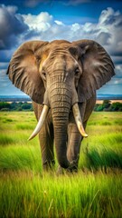 Fototapeta premium A majestic elephant with large white tusks stands in the lush green grass of an African savannah