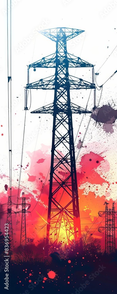 Poster illustrated power line tower with vibrant splashes of color in the background, creating a dynamic an