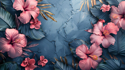 Tropical floral banner with pink and gold blooms on a blue background, perfect for summer events