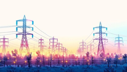 Vibrant sunset behind a field of tall power lines and towers, symbolizing energy and connection in a beautiful, serene landscape.