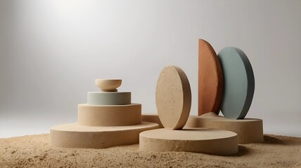 Presentation of product. Wooden podium on black sand against white background