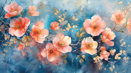 Watercolor artwork of pink and gold blossoms with blue accents, perfect for art prints and decor