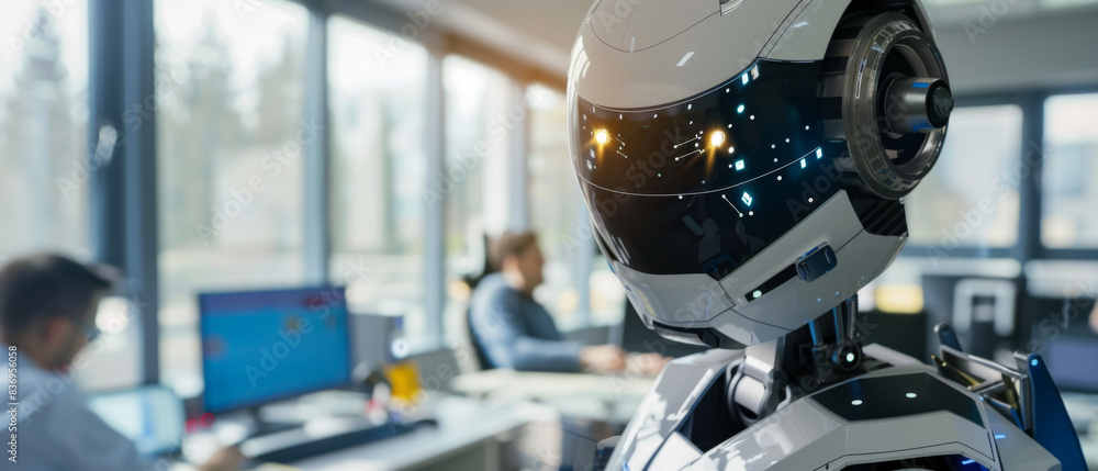 Poster a robot is standing in front of a computer monitor