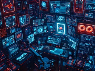 Aerial View of an Intricate Hacker s Workspace with Holographic Displays and Digital Interfaces