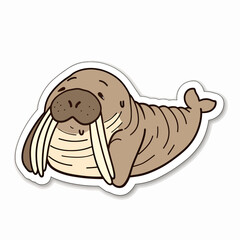 Cute cartoon walrus with long white tusks sticker art illustration element