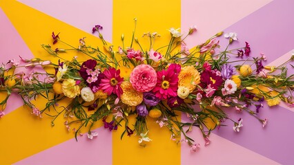 Flat lay frame from spring flowers on a yellow background view from above beautiful floral pattern