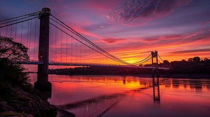 Obraz premium Suspension Bridge at Sunset: As the sun sets, a suspension bridge spans a wide river, its cables and towers silhouetted against the vibrant orange and pink sky