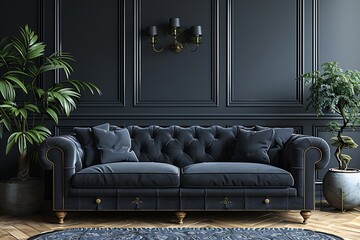 Black interior modern classic. A large black sofa, a sofa in expensive fabric, a green houseplant. Black dark room.