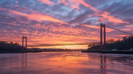 Obraz premium Suspension Bridge at Sunset: As the sun sets, a suspension bridge spans a wide river, its cables and towers silhouetted against the vibrant orange and pink sky