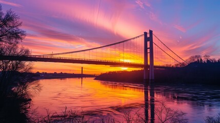 Obraz premium Suspension Bridge at Sunset: As the sun sets, a suspension bridge spans a wide river, its cables and towers silhouetted against the vibrant orange and pink sky