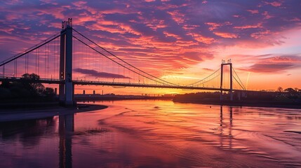 Suspension Bridge at Sunset: As the sun sets, a suspension bridge spans a wide river, its cables and towers silhouetted against the vibrant orange and pink sky