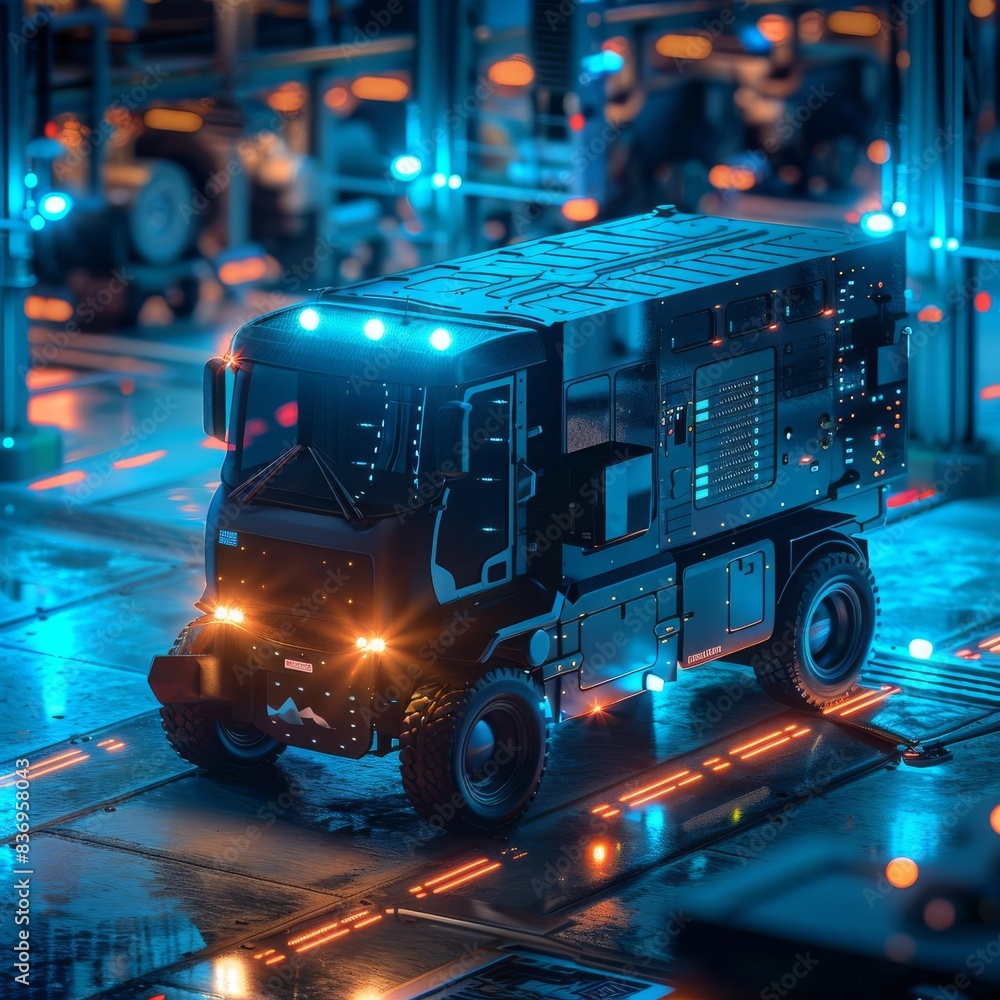 Poster high-tech autonomous vehicle in a futuristic factory setting with glowing neon lights and advanced r