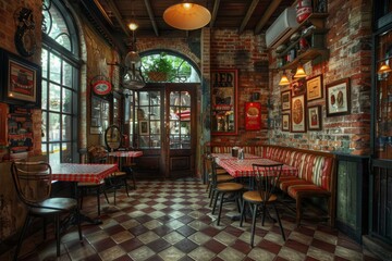 Traditional Italian restaurant with checkered floor and brick walls serving pizza