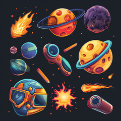 Asset of futuristic planets, mobile game, slot game isolation on dark background, Illustration