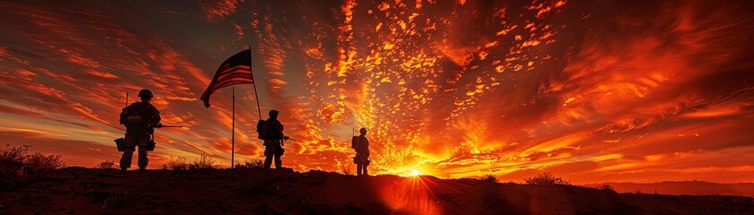 Silhouetted soldiers stand under a vibrant sunset sky with an American flag, symbolizing patriotism and service.