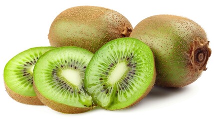 Fototapeta premium A high-resolution image of a whole and sliced kiwi, showing the vibrant green flesh, isolated on a white background with clipping path
