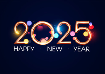 Happy New 2025 Year poster template with bokeh light effects. New Year gold number. Calendar design.