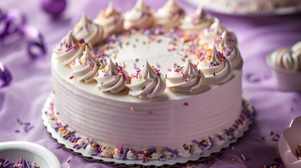 Lavender Birthday Cake with Creamy Buttercream Frosting and Sprinkles on Plain Background