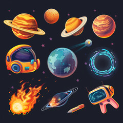 Asset of futuristic planets, mobile game, slot game isolation on dark background, Illustration
