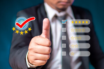 Man showing thumb showing best service, concept. Top Service. Best Service. Best quality.