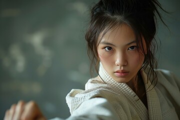 Focused young woman in martial arts attire assumes a defensive pose before training